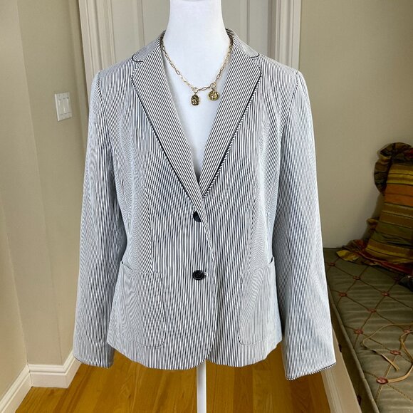 Talbots Blazer Pinstripe Cotton Gray White (8) - Picture 2 of 10